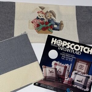 2 Vintage Hopscotch Plaid Cross Stitch Fabrics Blue Tan One w/ COMPLETED BUNNIES